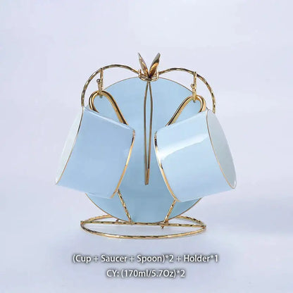 Luxury light blue bone china coffee set with rack dining room