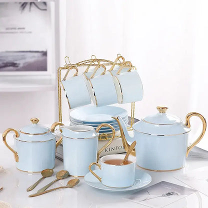 Luxury light blue bone china coffee set with rack dining room