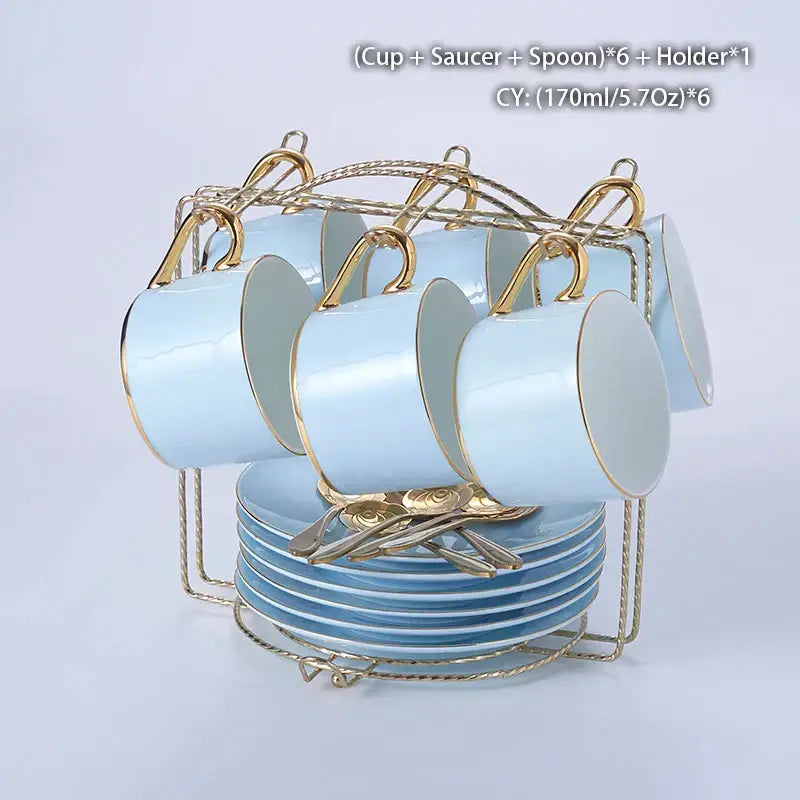 Luxury light blue bone china coffee set with rack dining room