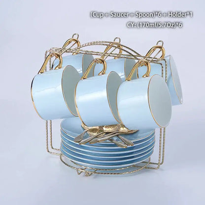 Luxury light blue bone china coffee set with rack dining room