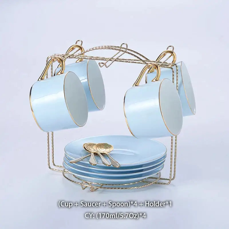 Luxury light blue bone china coffee set with rack dining room