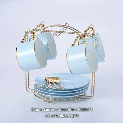 Luxury light blue bone china coffee set with rack dining room
