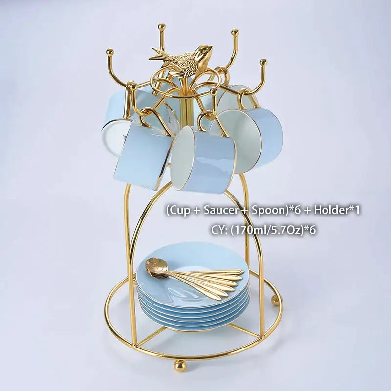 Luxury light blue bone china coffee set with rack dining room