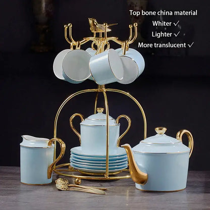 Luxury light blue bone china coffee set with rack dining room