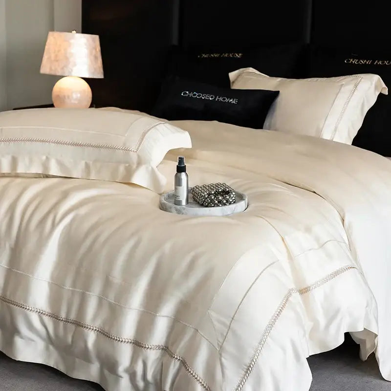 Luxury light champagne embroidery bedding set bedroom egyptian cotton