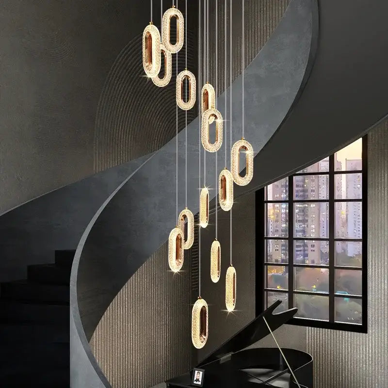 Luxury oval gold crystal rings chandelier staircase light