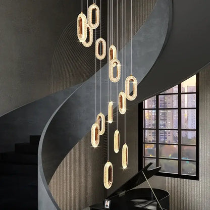 Luxury oval gold crystal rings chandelier staircase light
