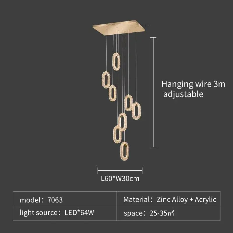 Luxury oval gold crystal rings chandelier staircase light