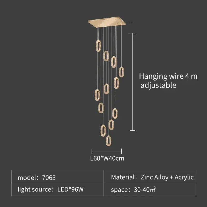 Luxury oval gold crystal rings chandelier staircase light