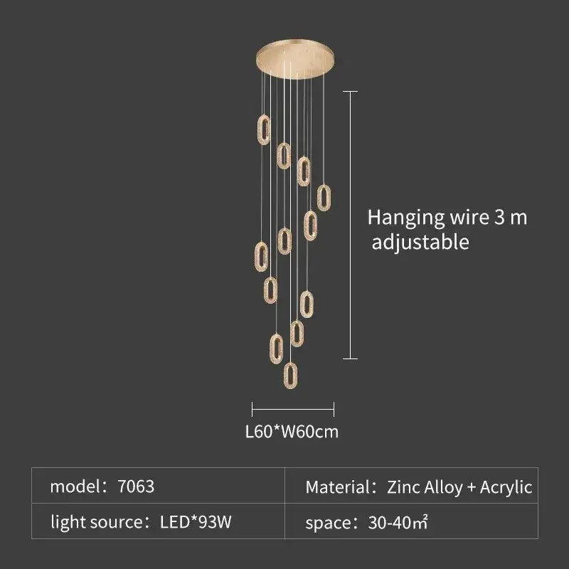 Luxury oval gold crystal rings chandelier staircase light
