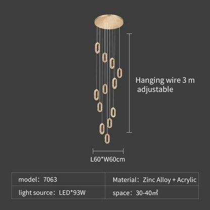 Luxury oval gold crystal rings chandelier staircase light
