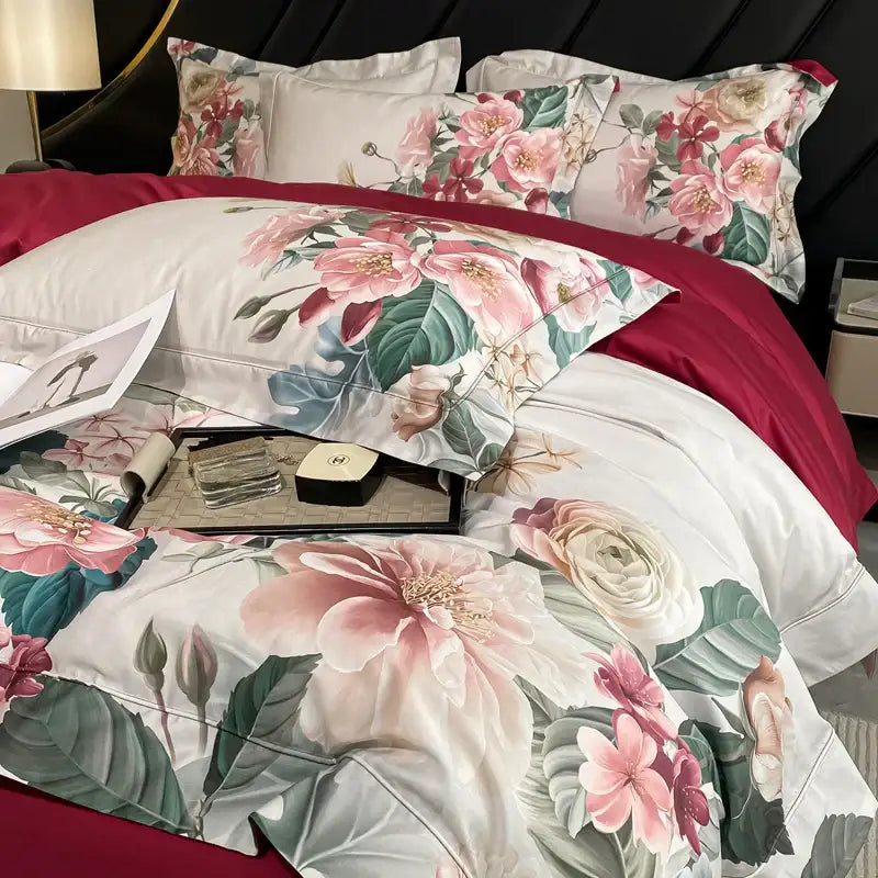 Luxury pink & cream egyptian cotton flower bedding set – bedroom