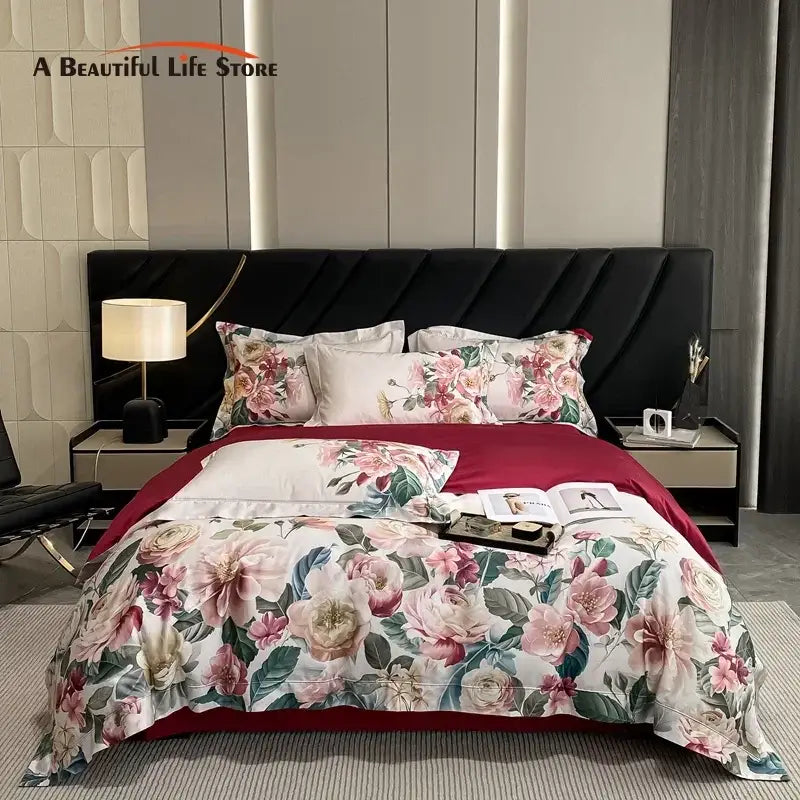 Luxury pink & cream egyptian cotton flower bedding set – bedroom