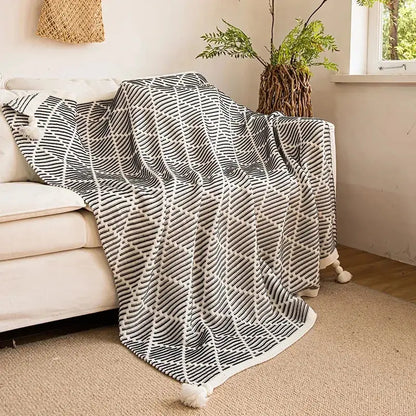 Luxury plaid knit sofa blanket bedroom throw with pom poms