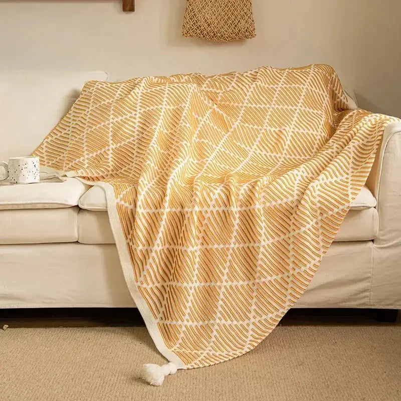 Luxury plaid knit sofa blanket bedroom throw with pom poms