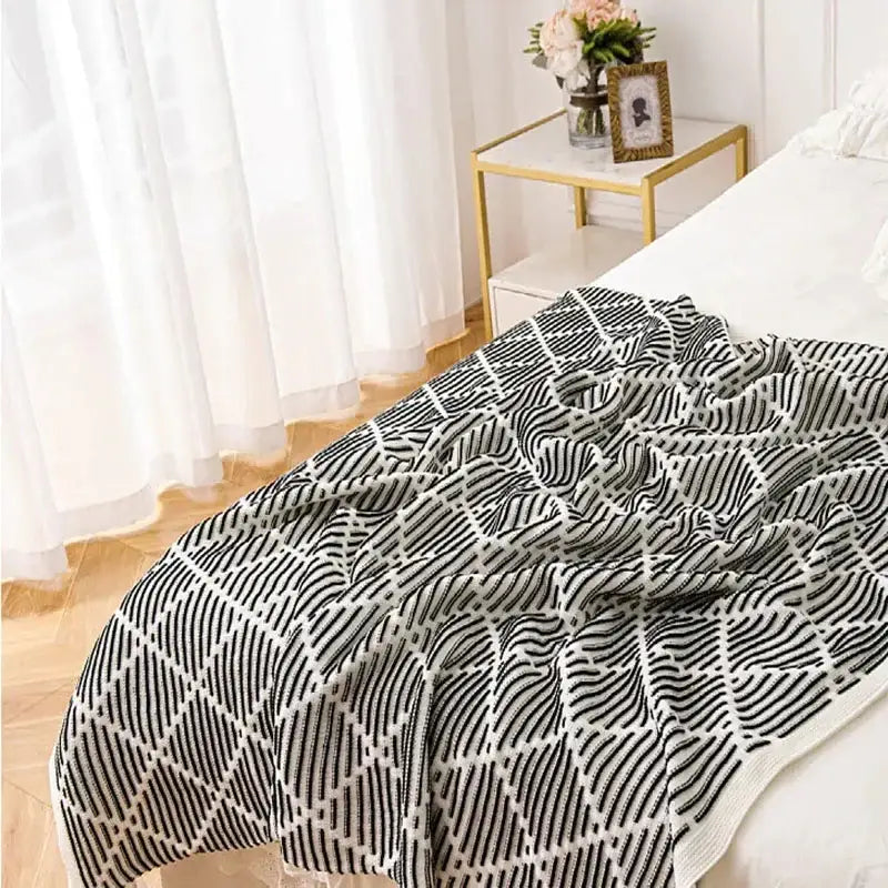 Luxury plaid knit sofa blanket bedroom throw with pom poms