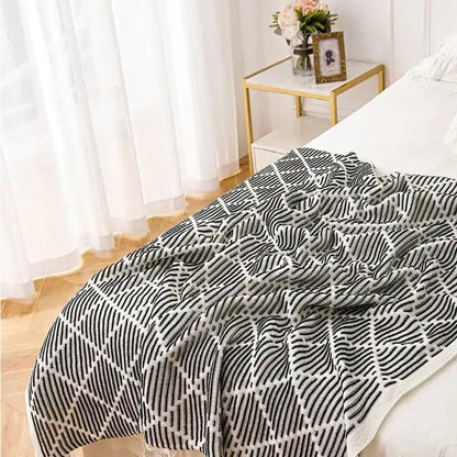 Luxury plaid knit sofa blanket bedroom throw with pom poms