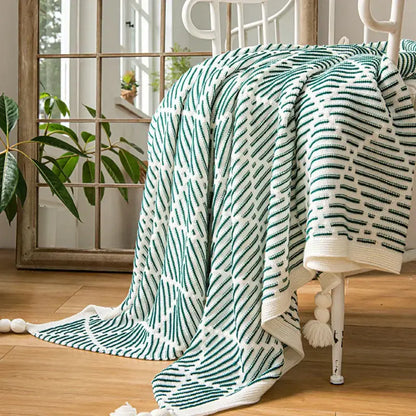 Luxury plaid knit sofa blanket bedroom throw with pom poms