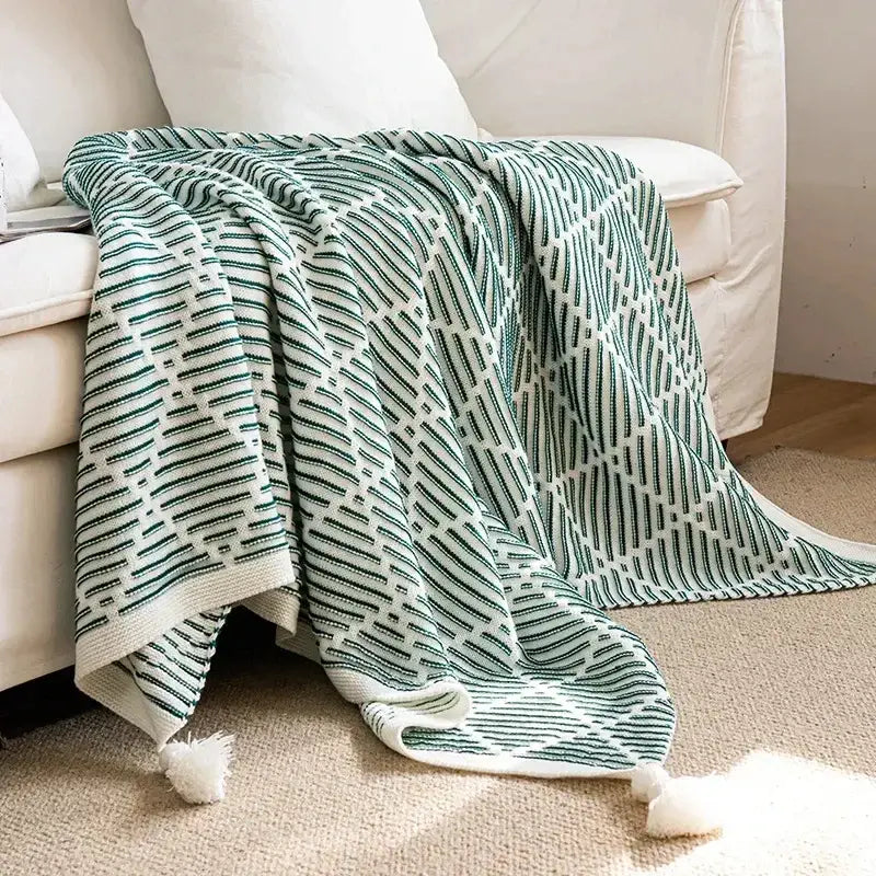 Luxury plaid knit sofa blanket bedroom throw with pom poms