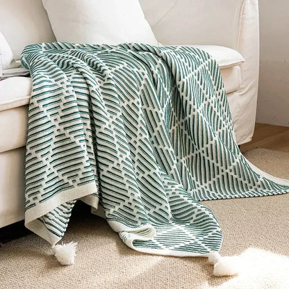 Luxury plaid knit sofa blanket bedroom throw with pom poms