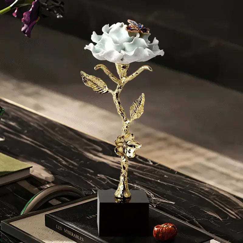 Luxury porcelain crystal rose decor blue & gold living room ornament