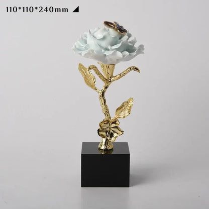 Luxury porcelain crystal rose decor blue & gold living room ornament
