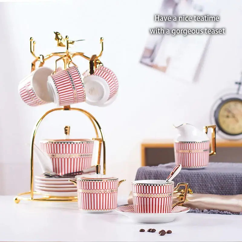 Luxury red & gold porcelain coffee set dining room serving rack