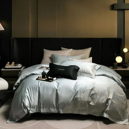Luxury red & white lotus embroidered cotton bedding set bedroom