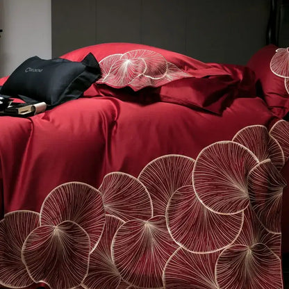 Luxury red & white lotus embroidered cotton bedding set bedroom