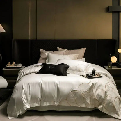 Luxury red & white lotus embroidered cotton bedding set bedroom