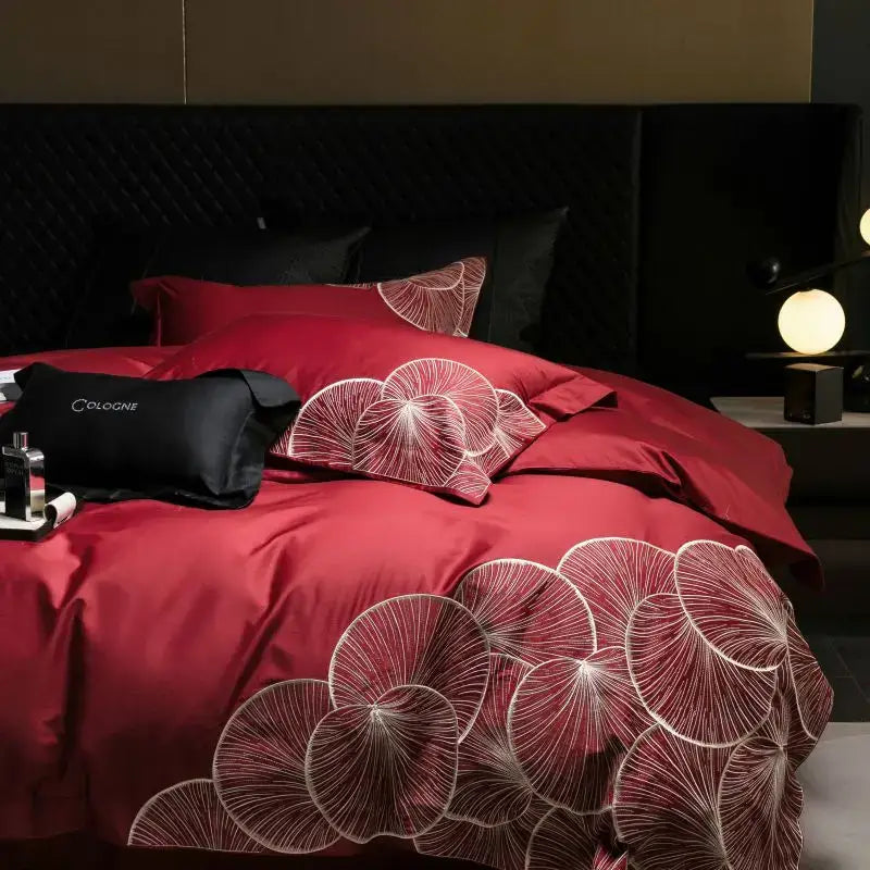 Luxury red & white lotus embroidered cotton bedding set bedroom
