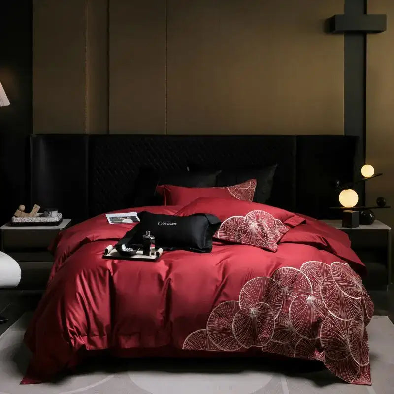 Luxury red & white lotus embroidered cotton bedding set bedroom