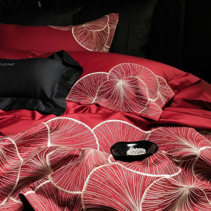 Luxury red & white lotus embroidered cotton bedding set bedroom