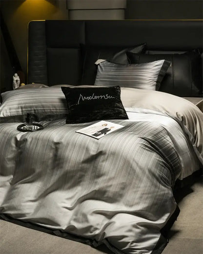 Luxury taupe & beige striped lyocell cotton bedding set bedroom