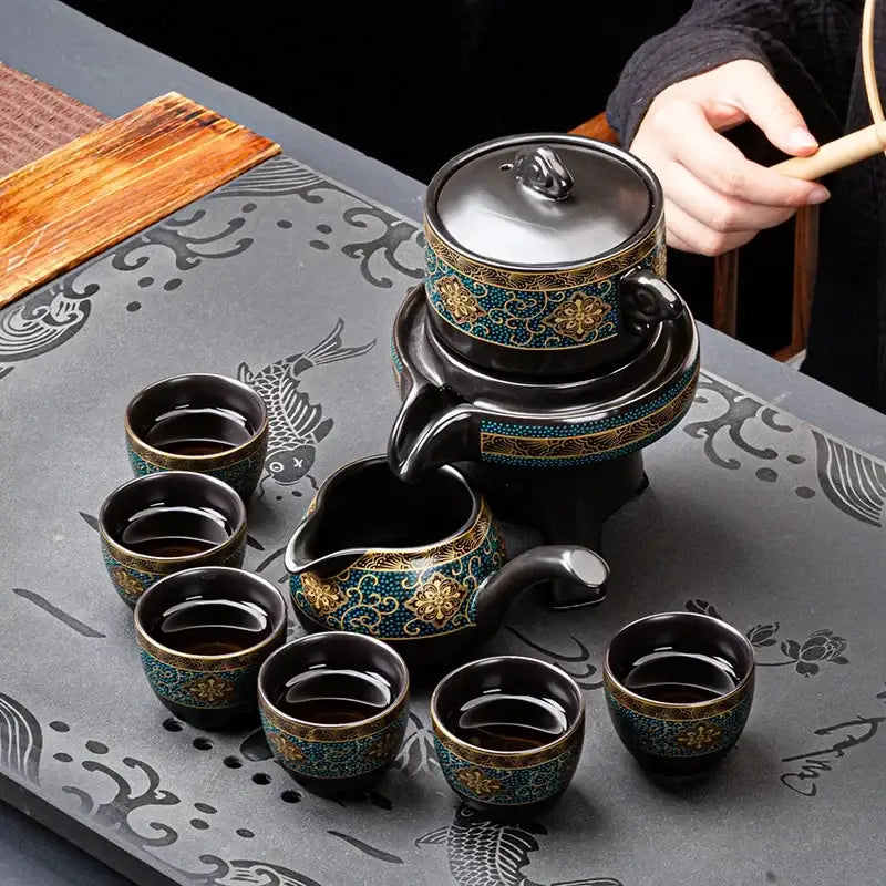 Luxury turquoise & gold black ceramic kung fu tea set dining room