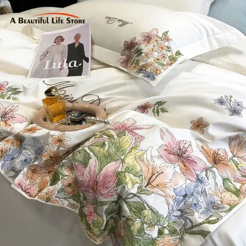 Luxury white floral egyptian cotton flowers embroidery bedding set bedroom