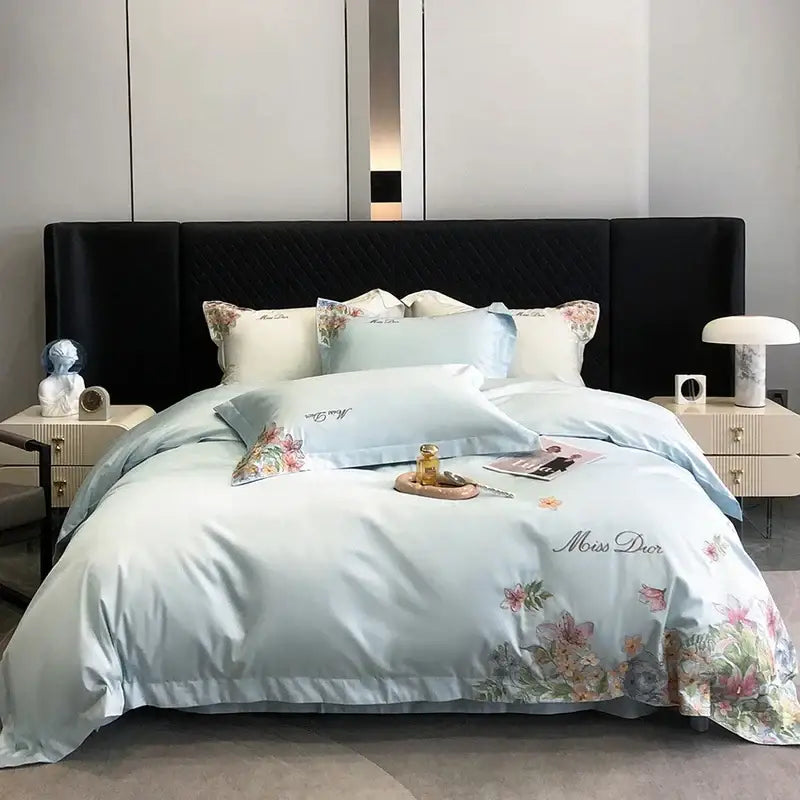 Luxury white floral egyptian cotton flowers embroidery bedding set bedroom