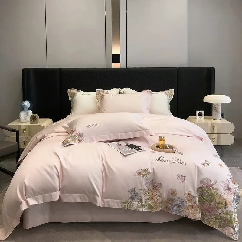 Luxury white floral egyptian cotton flowers embroidery bedding set bedroom