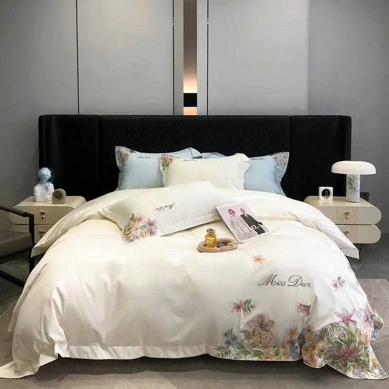 Luxury white floral egyptian cotton flowers embroidery bedding set bedroom