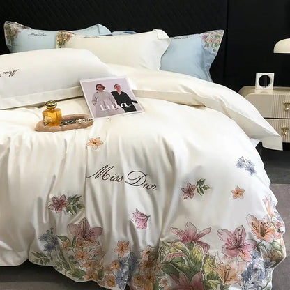 Luxury white floral egyptian cotton flowers embroidery bedding set bedroom