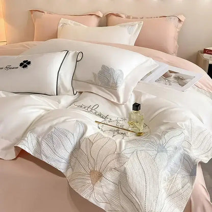 Luxury white & silver embroidered cotton bedding set bedroom duvet cover