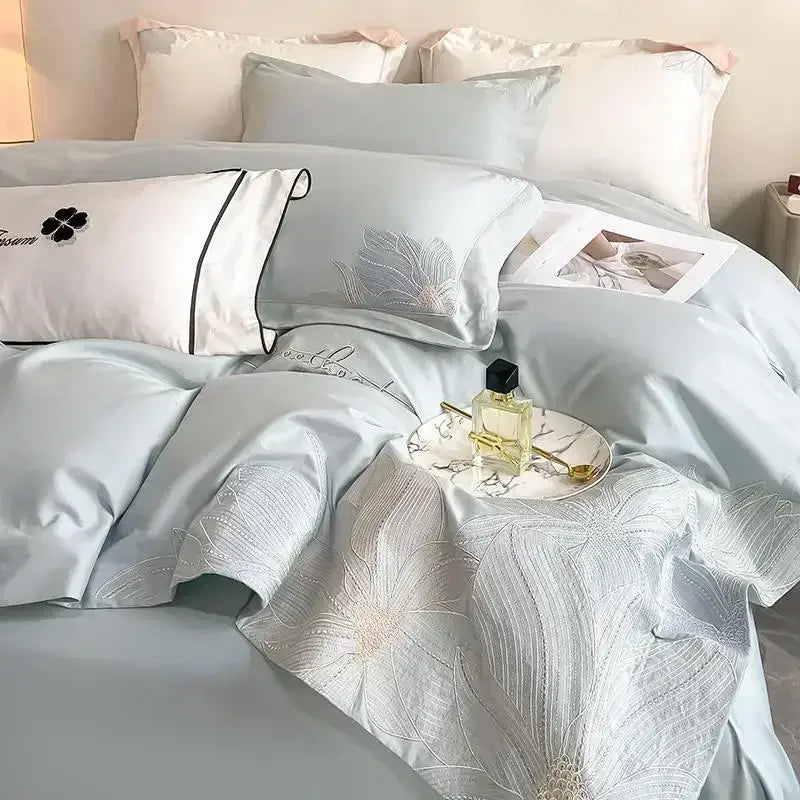 Luxury white & silver embroidered cotton bedding set bedroom duvet cover