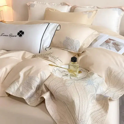 Luxury white & silver embroidered cotton bedding set bedroom duvet cover