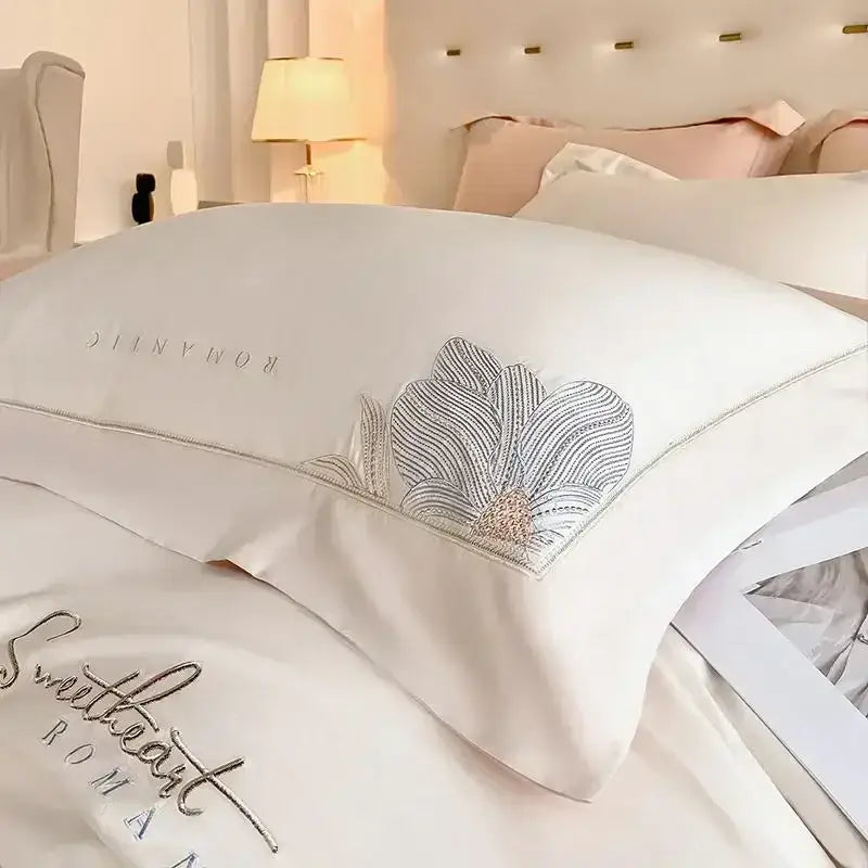 Luxury white & silver embroidered cotton bedding set bedroom duvet cover