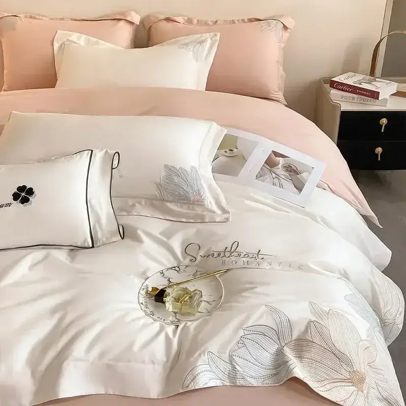 Luxury white & silver embroidered cotton bedding set bedroom duvet cover