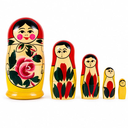 Set of 5 Semenov Style Red Scarf Matryoshka Wooden Nesting Dolls