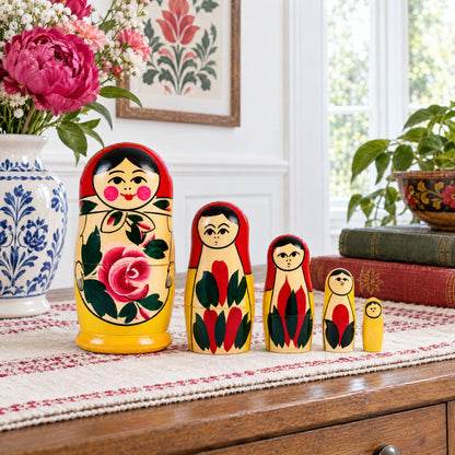 Set of 5 Semenov Style Red Scarf Matryoshka Wooden Nesting Dolls