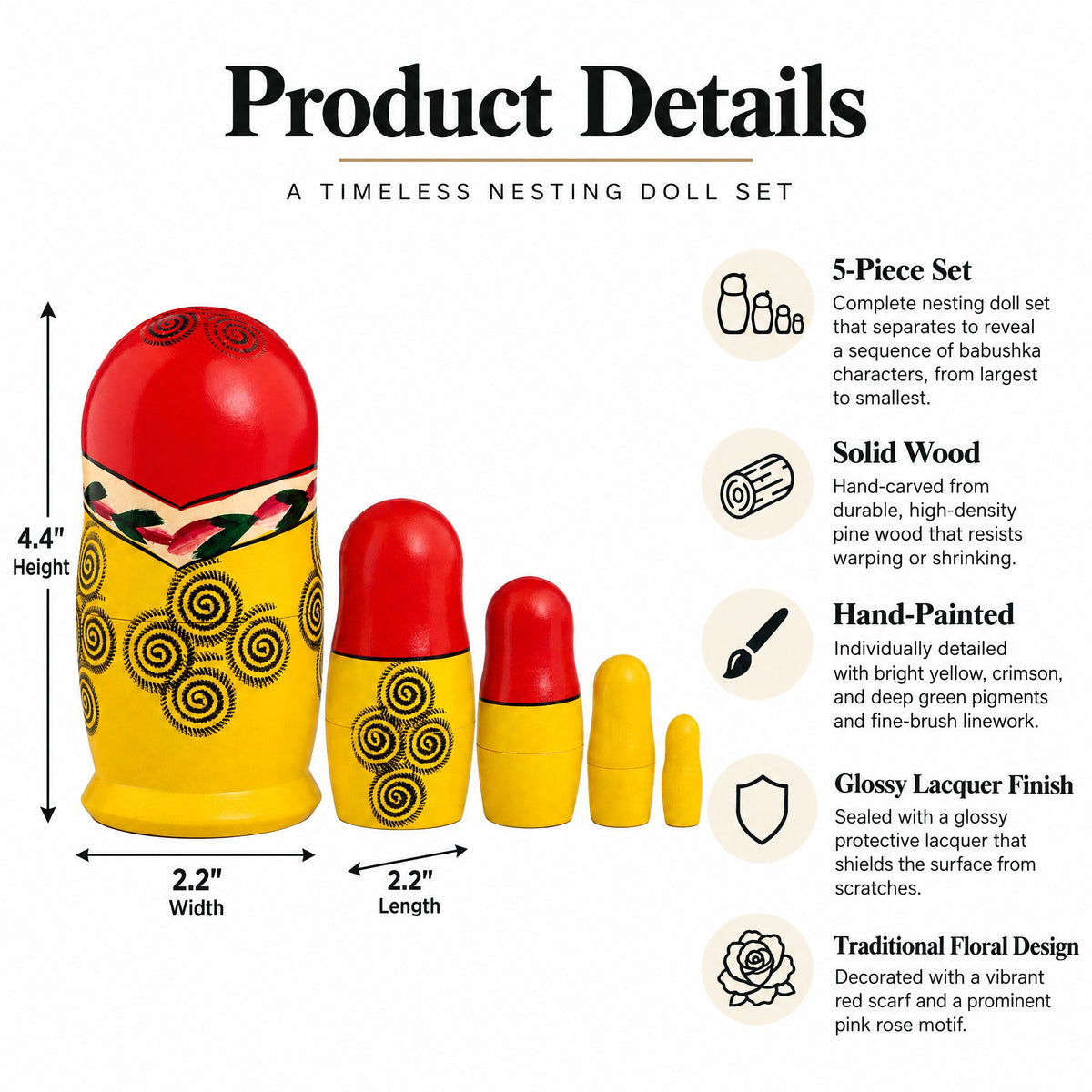 Set of 5 Semenov Style Red Scarf Matryoshka Wooden Nesting Dolls