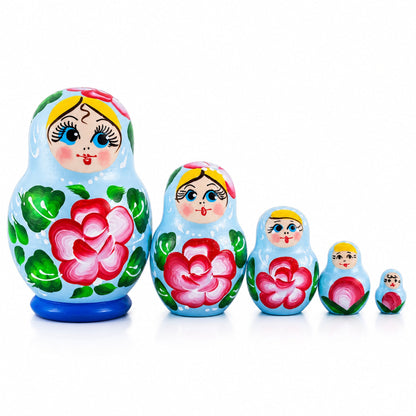 Light Blue Color with Red Flower Wooden  Nesting Dolls