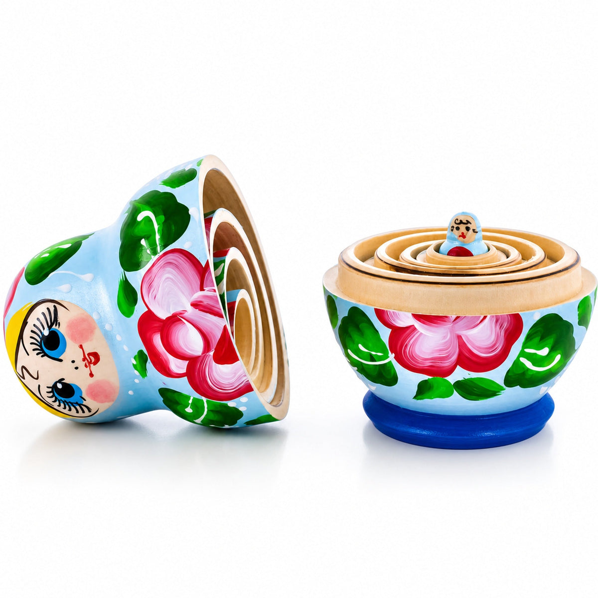 Light Blue Color with Red Flower Wooden  Nesting Dolls